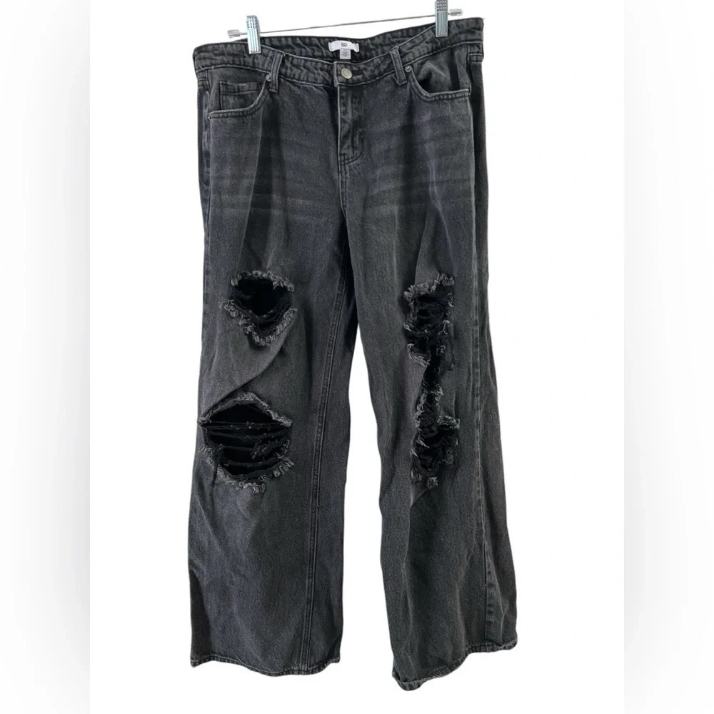 Black wide leg mid rise distressed jeans